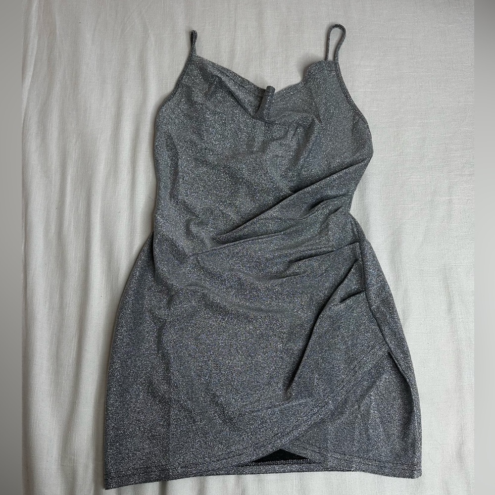 Metallic silver strappy open back dress
